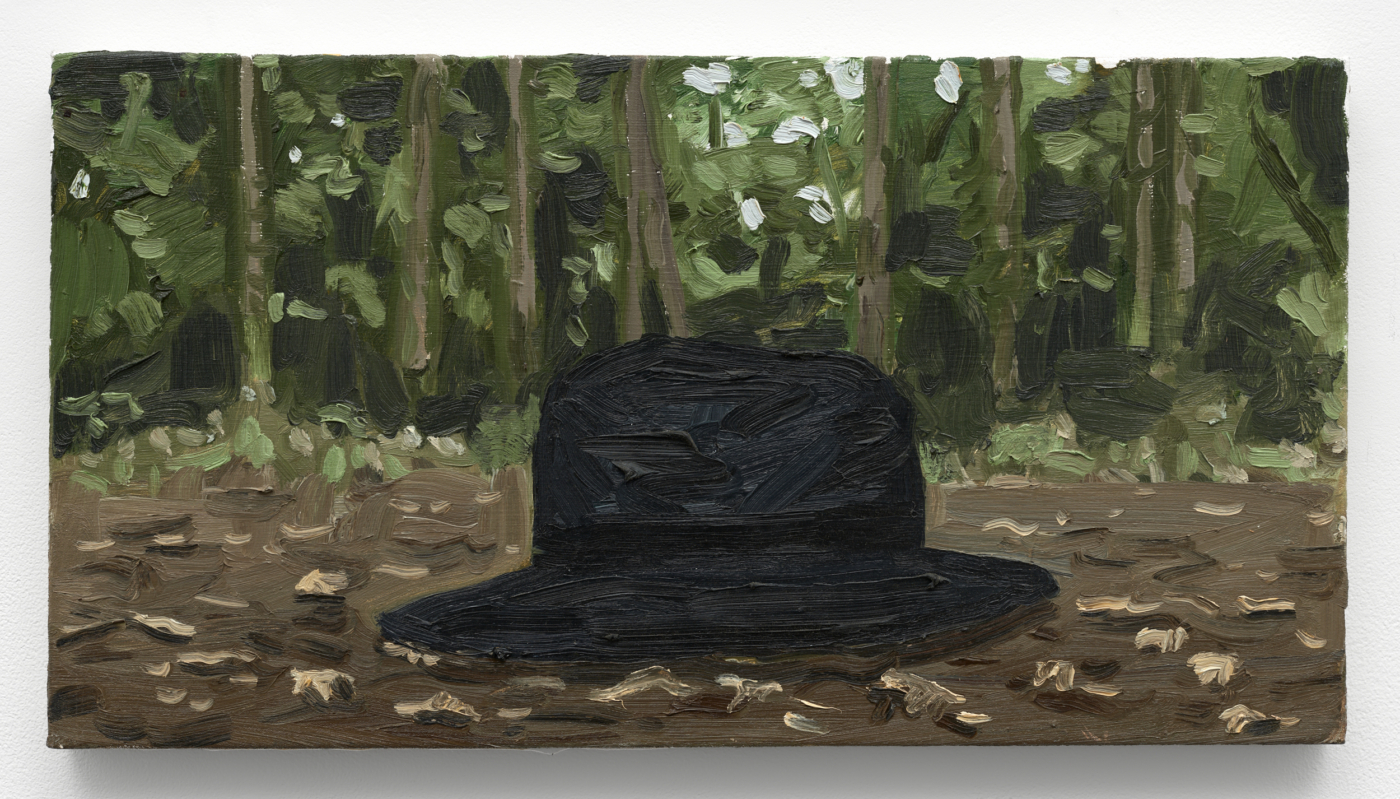 Richard Bosman, Hat in the Forest, 2017. Oil on canvas, 16 x 30⅛ in. (40.64 x 76.53 cm)