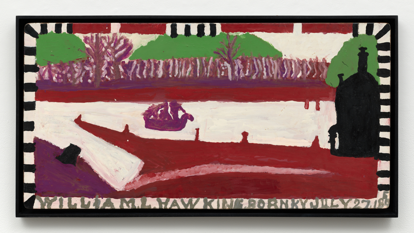 William Hawkins, Indian Landing, 1985. Enamel on board, 24 x 48 in (61 x 121.9 cm); 25¾ x 48¾ in. (65.41 x 123.83 cm) framed